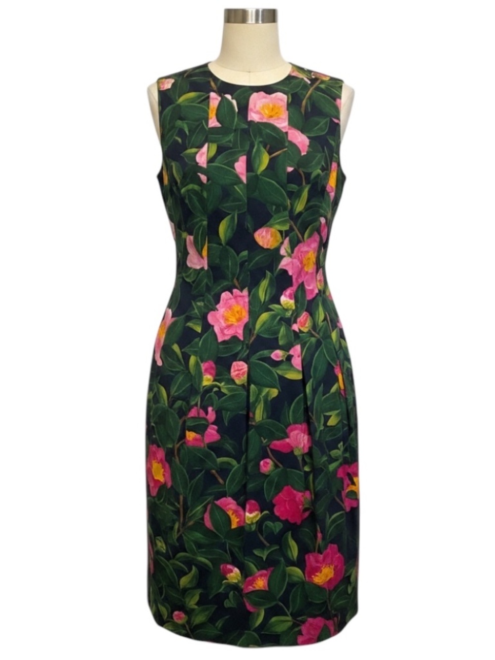 OSCAR DE LA RENTA PINK / NAVY / GREEN MULTI CAMELLIA POPLIN MIDI DRESS